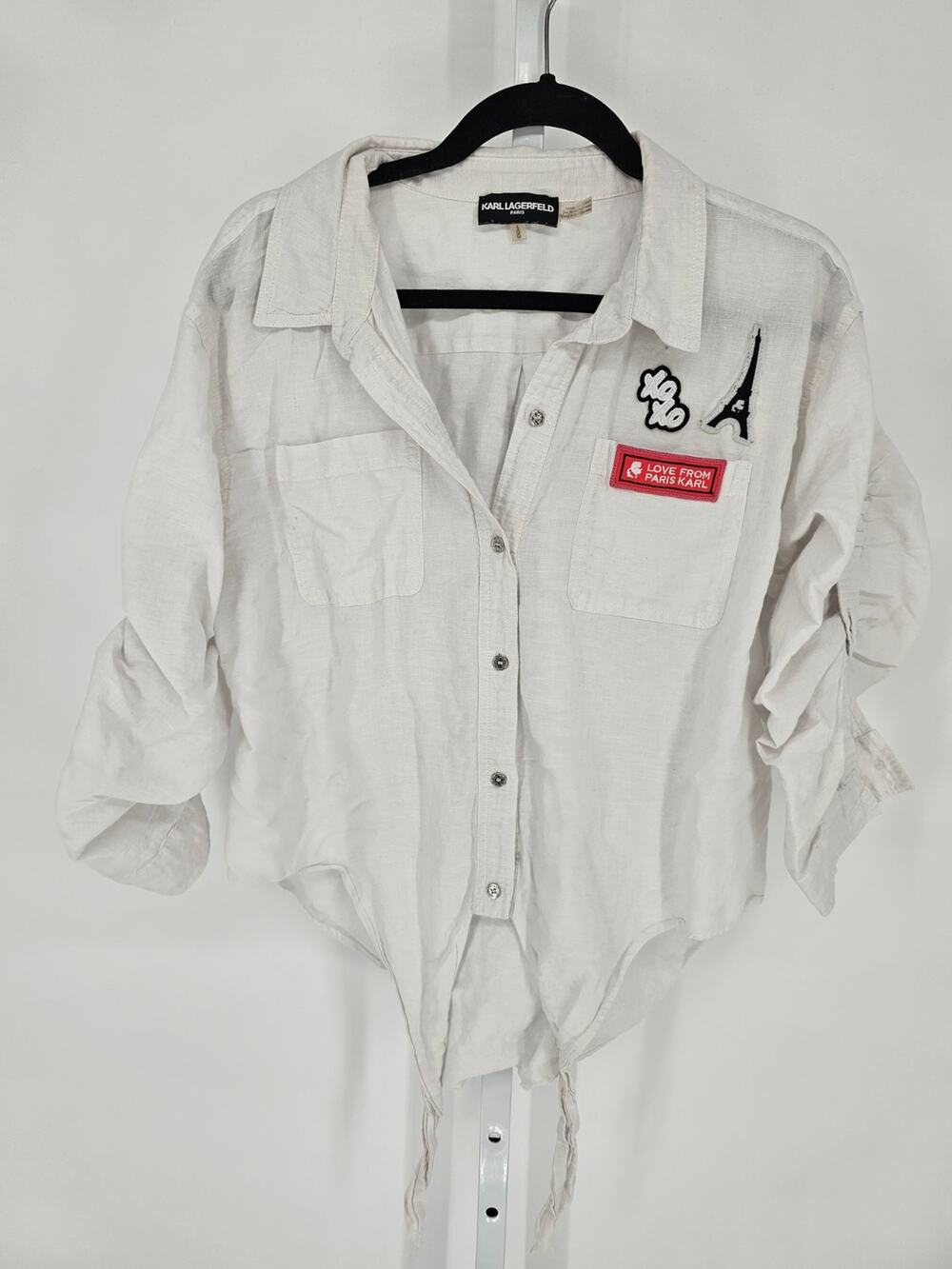 Karl Lagerfeld Womens Sz L Button Up Tab Sleeve Top White Linen Paris Tie Front